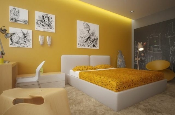 chambre-fille-couleur-jaune-grand-lit-deco-murale