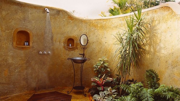 douche-extérieure-palmier-mur-miroir-plantes-fougeres-deco-exterieure