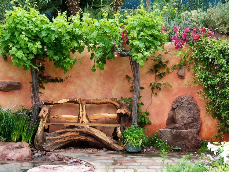 décoration-jardin-banc-artisanal-troncs-bois