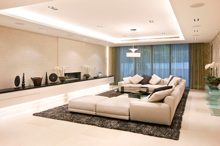 éclairage indirect -faux-plafond-corniche-lumineuse-meuble-tv-mural-noir-blanc