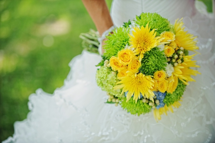 fleurs mariage été-automne chrysanthèmes verts jaunes