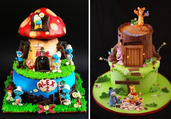 gâteaux-anniversaire-originaux-personnages-Schtroumpfs-Winnie-Ourson