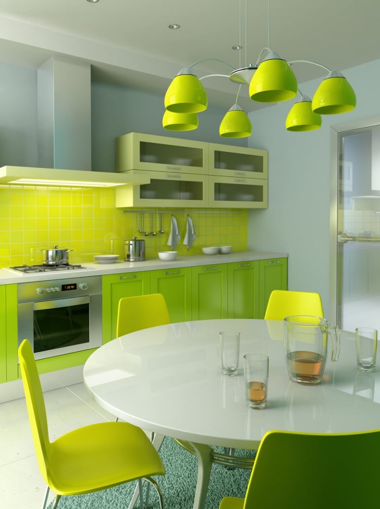 idee-table-ronde-blanche-chaises-verte-armoires-rangement