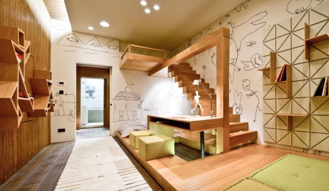 loft-deco-industriel-chambre-enfant-escalier-bois-dessins