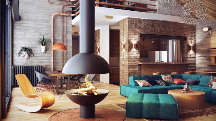 loft-deco-industriel-cheminée-moderne-murs-aspect-brique