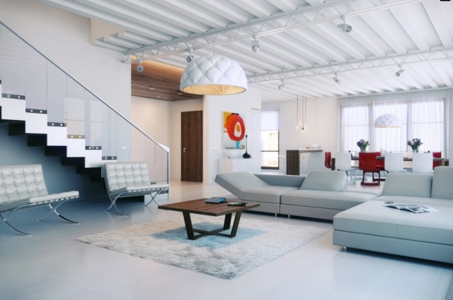 loft-deco-industriel-salle-séjour-blanche-plafond-tapis-escalier