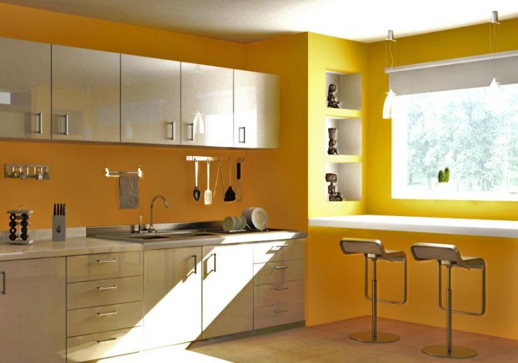 peinture cuisine jaune audacieux armoires-blanc-cassé