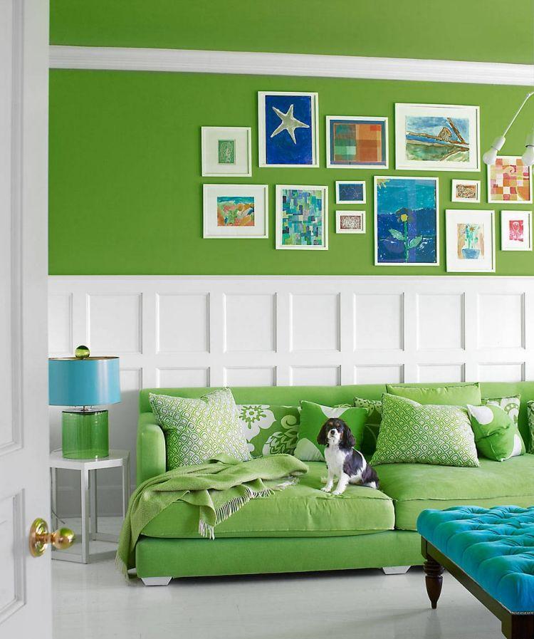 peinture-murale salon vert gazon-canapé-vert-menthe-accents-blancs