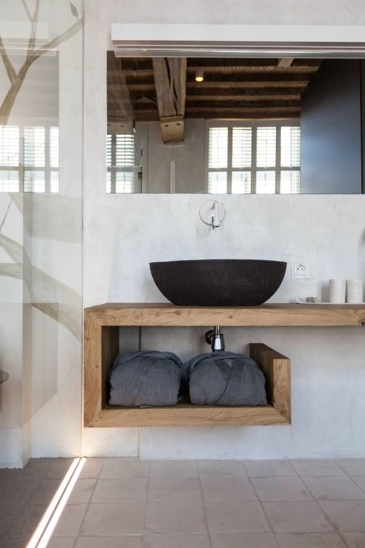 plan vasque –bois-massif-brut-étagère-vasque-ovale-noire
