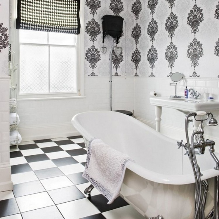 revêtement mural salle de bains -papier-peint-motif-baroque-noir-blanc