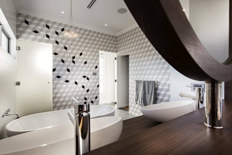 salle de bain moderne double vasque-baignoire-îlot-carrelage-3D
