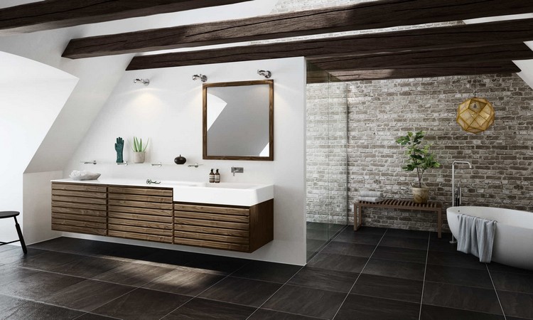 salle de bain moderne -mur-brique-carrelage-sol-marron-meuble-vasque-bois