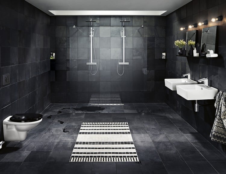 salle de bain moderne -sombre-carrelage-mur-sol-noir-mat-douche-italienne