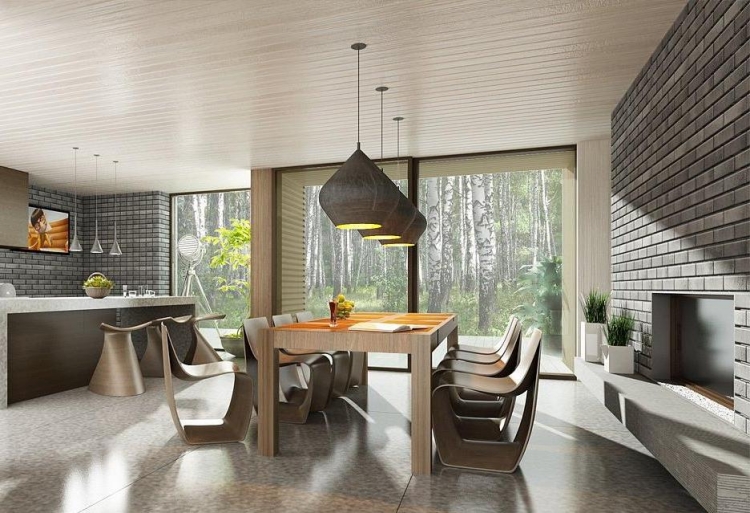 salle-manger-moderne-2015-mobilier-bois-suspensions-cheminée-carrelage