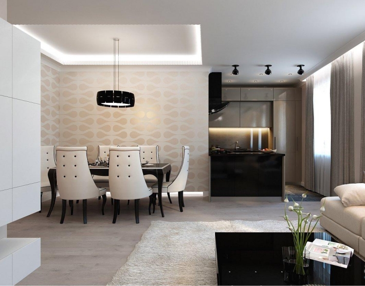 salle-manger-moderne-2015-papier-peint-chaise-cuir-blanc-cuisine