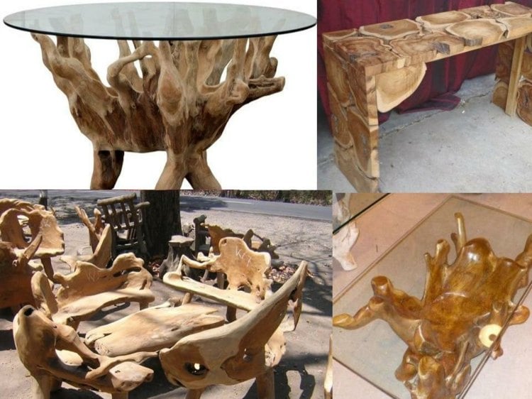 salon de jardin en teck table bois flotté plateau verre banc
