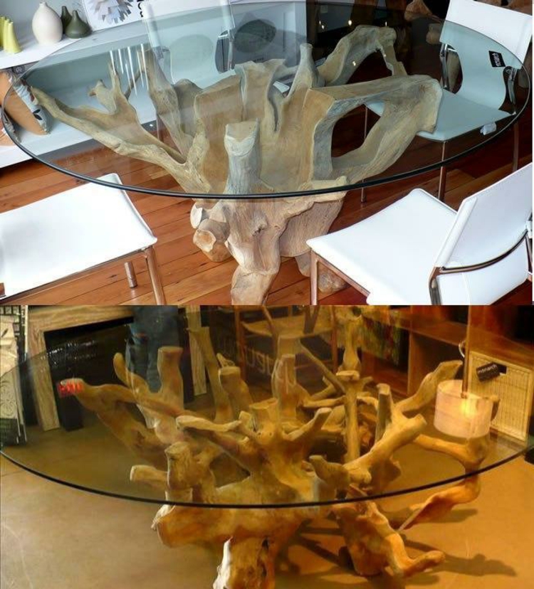 table piètement bois teck flotté plateau verre ovale