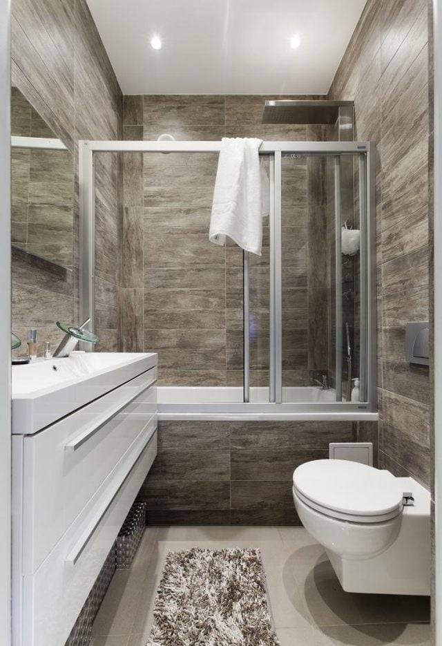 carrelage-salle-bains-bois-meuble-vasque-blanc-tapis-cabine carrelage salle de bain