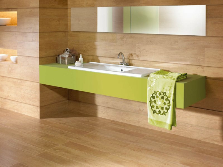 carrelage-salle-bains-bois-vasque-vert-miroir-éclairage-indirect carrelage salle de bain