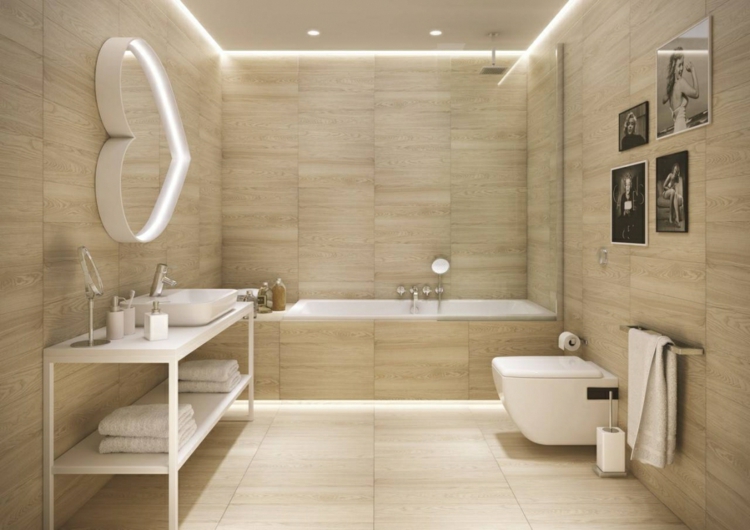 carrelage-salle-bains-bois-éclairage-indirect-miroir-coeur-photos carrelage salle de bain