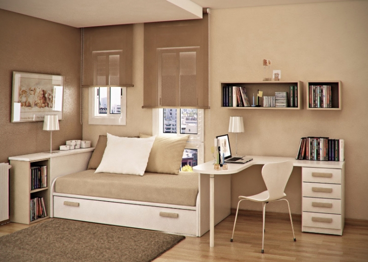 chambre-ado-couleur-beige-revetement-sol-bureau-blanc-etageres-murales