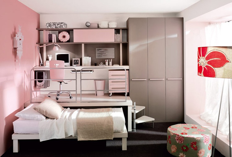 chambre ado peinture-rose-mobilier-gris-taupe-lit-bois