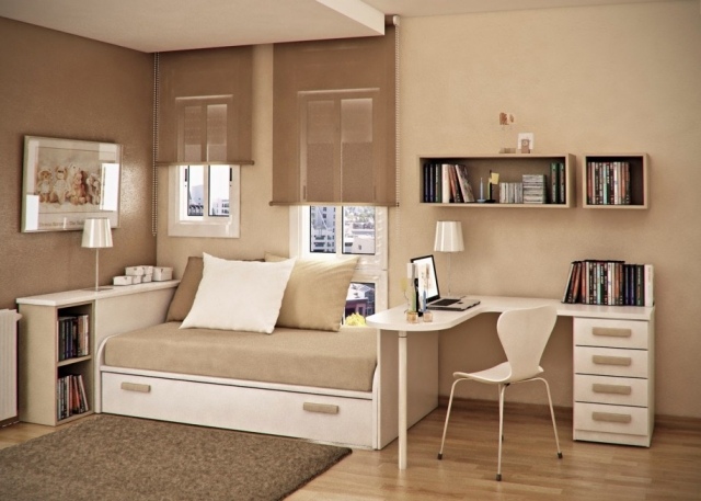 chambre-ado-petit-espace-idees-couleur-beige-chaise-etagere-murale