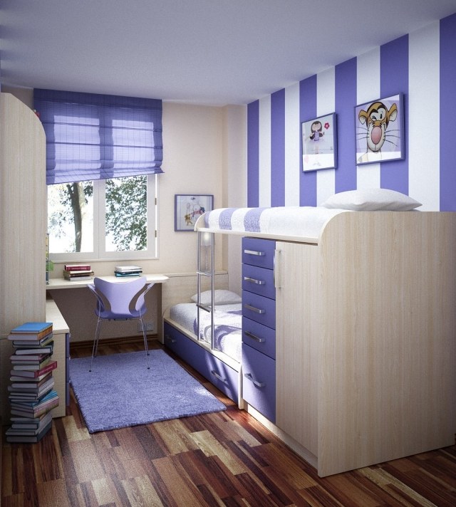 chambre-ado-petit-espace-idees-rayures-murales-violet-blanc-lit-mezzanin-bureau-chaise