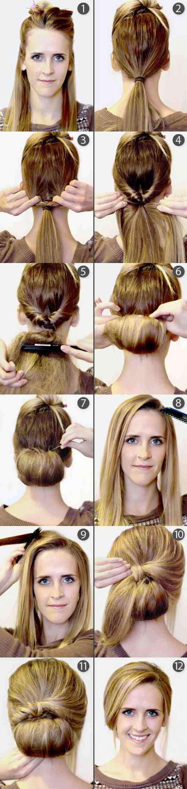 coiffure simple cheveux long chignon-bas-discret-etape-par-etape