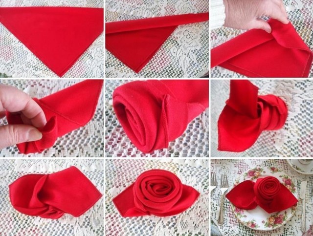 comment-plier-serviette-tissu-forme-rose-rouge