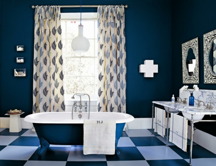 couleur salle de bain peinture bleu pétrole carrelage damier