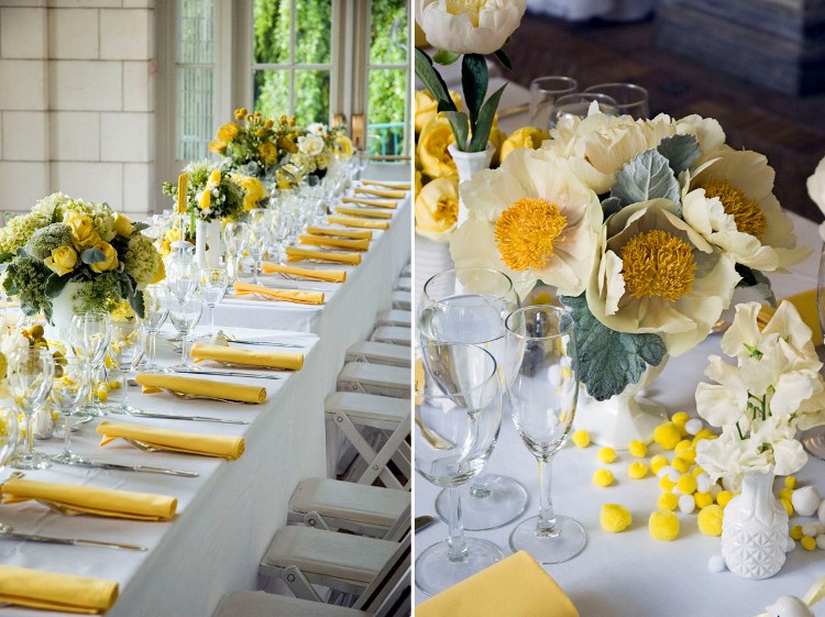 deco-mariage-table-anémones-jaunes-hortensias-serviettes-jaunes