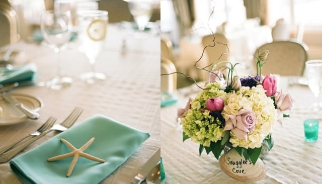 deco-mariage-table-serviettes-turquoise-bouquet-roses-hortensias-étoile-mer