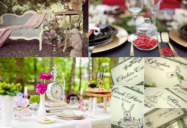 deco-mariage-table-thème-LesAventures-Alice-fleurs-réveil-carton