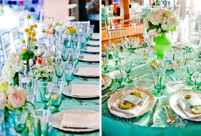 deco-mariage-table-turquoise-hortensias-verres-bleus déco de mariage