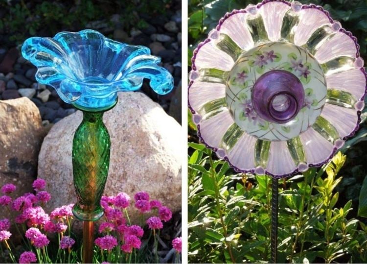 décoration de jardin fleurs-multicolores-tige-metal-pierre