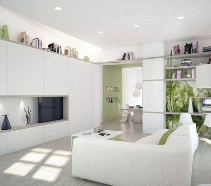 decoration-interieur-blanche-canapé-blanc-vert-anis-meuble-tv-accents