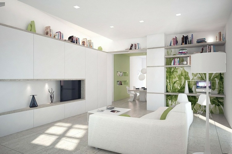 decoration-interieur-blanche-canapé-blanc-vert-anis-meuble-tv-accents décoration intérieur