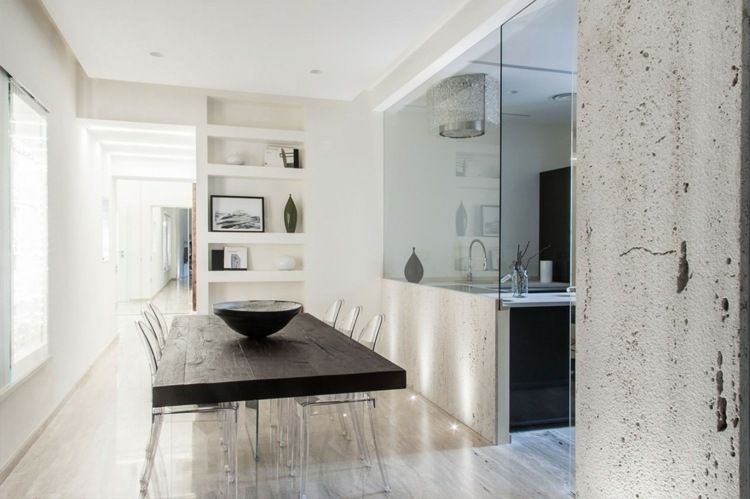 decoration-interieur-blanche-murs-béton-brut-table-bois-sombre décoration intérieur