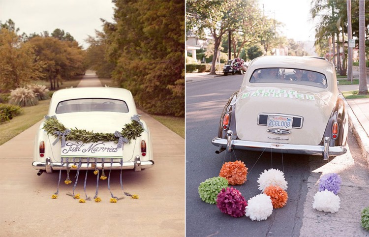decoration-voiture-mariage-rétro-pompons-guirlande-verte-fleurs