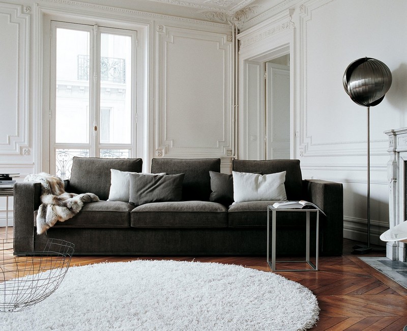 décoration salon -canapé-gris-moderne-tapis-rond-blanc