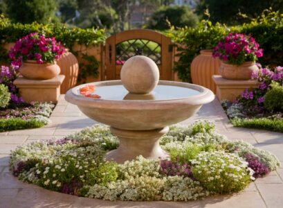 fleurs-jardin-été-style-méditerranéen-fontaine-pétunias-marguerites