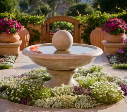 fleurs-jardin-été-style-méditerranéen-fontaine-pétunias-marguerites