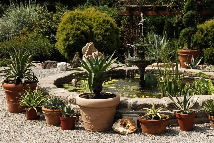 gravier-décoratif-plantes-pots-fleurs-idees-deco-fontaine-jardin