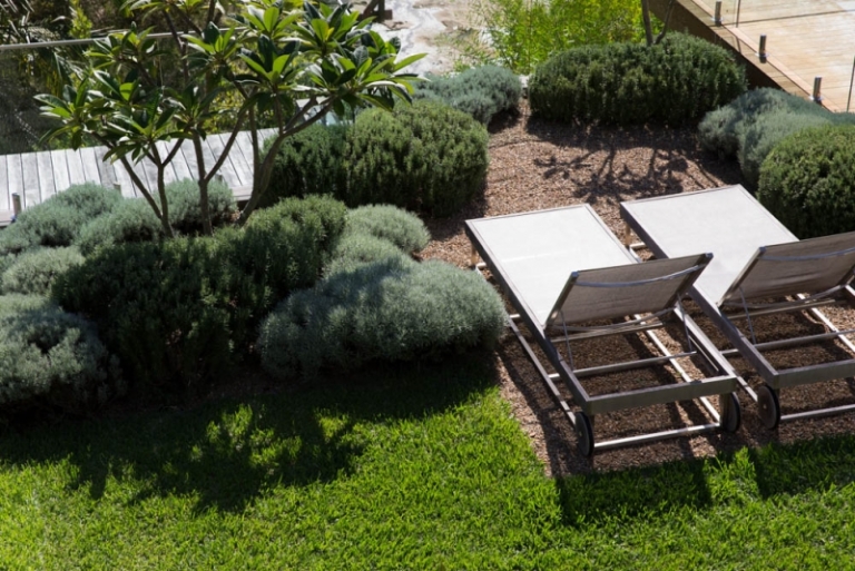 gravier décoratif terrasse-chaises-longues-pelouse-buis