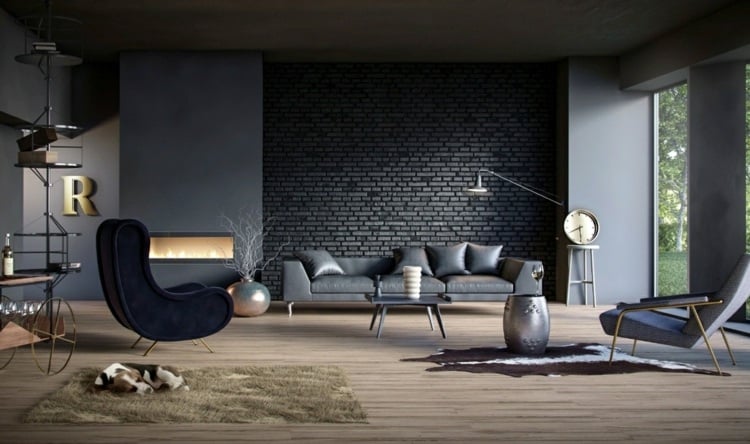 idée-peinture-salon-neutre-mur-brique-noir-fauteuil-anthracite-cheminée