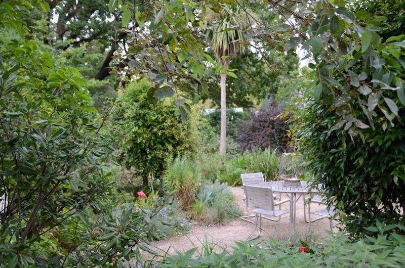 idées-amenagement-jardin-table-chaises-bois-grisâtre-plantes-vertes idées aménagement jardin