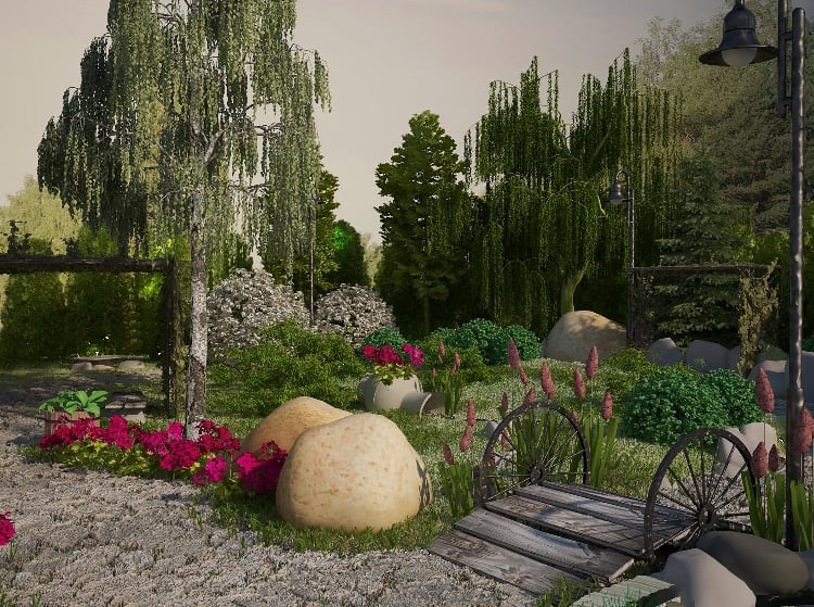 logiciel-gratuit-jardin-moderne-fleurs-plantes-banc