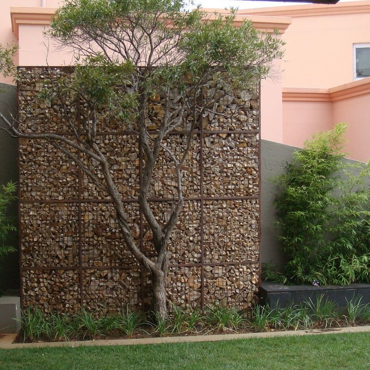 mur en gabion -cage-métallique-arbre