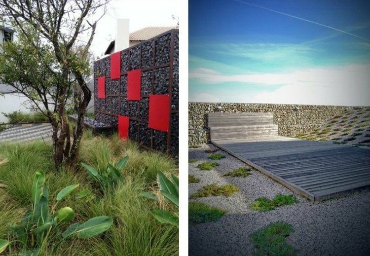 mur-gabion-décoration-jardin-moderne-accents-métal-rouge-allée-banc-bois